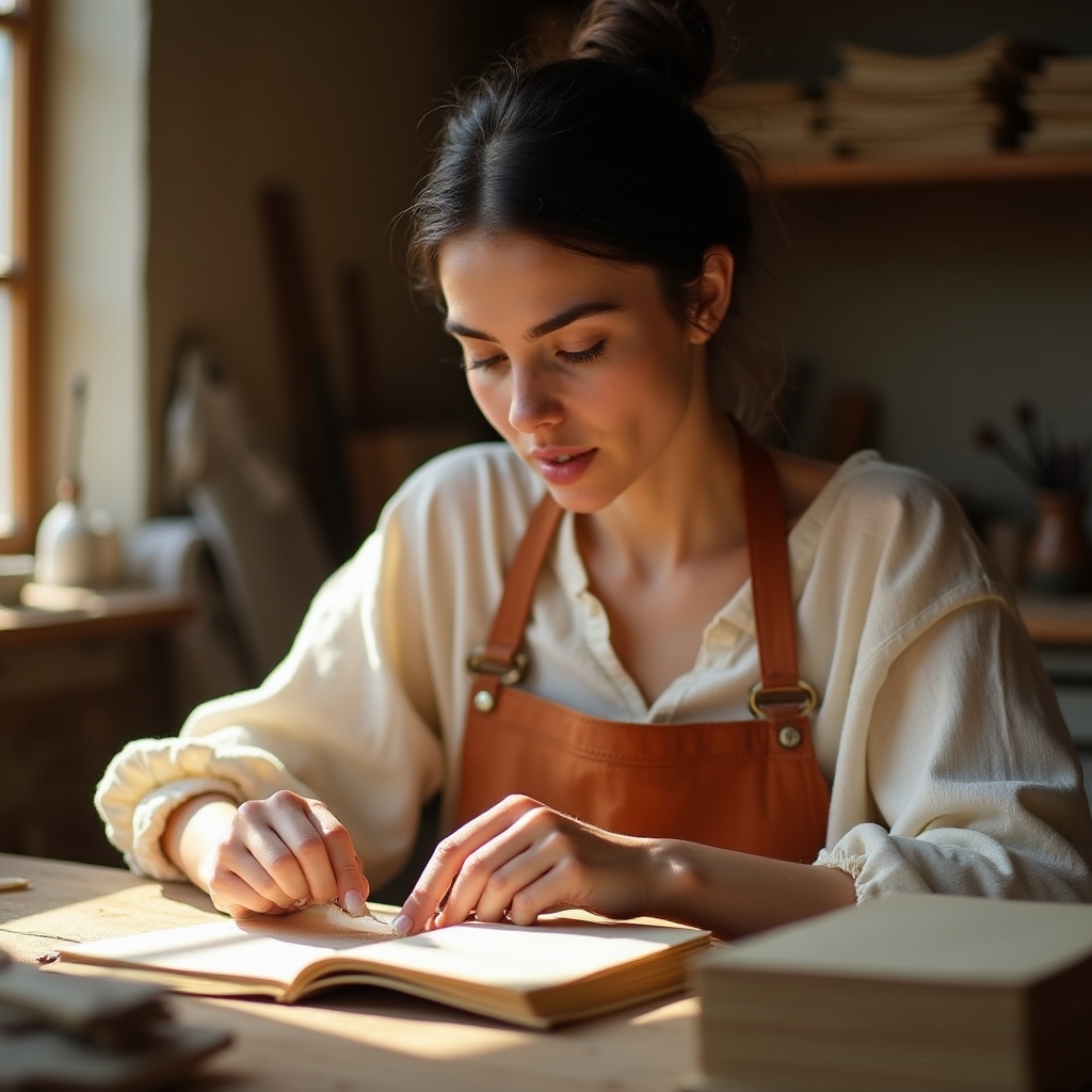 Estudiante principiante aprendiendo encuadernación artesanal en el taller