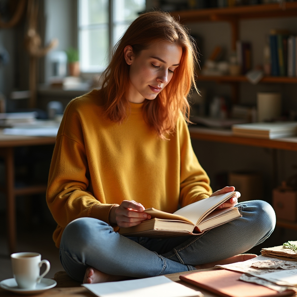 Amante de los libros explorando técnicas de encuadernación artesanal