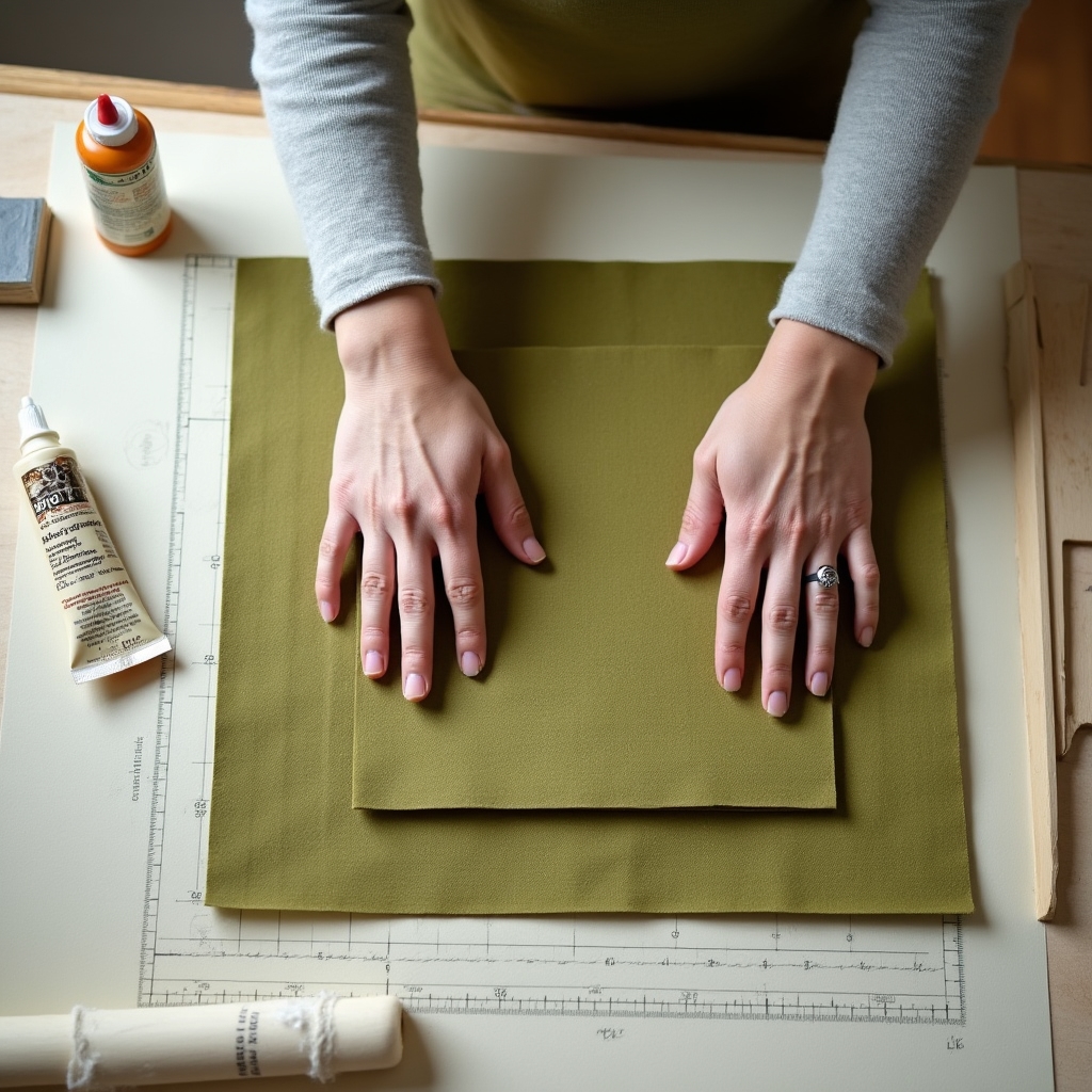 Elaboración de tapas de libro con cartón y tela de lino sobre mesa de trabajo artesanal
